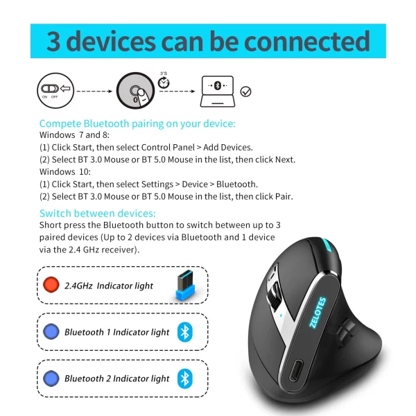 ZELOTES F-36 Wireless vertical 2.4G Bluetooth mouse full color light 8 key programming five DPI game mouse built-in 730mah lithi - Image 4